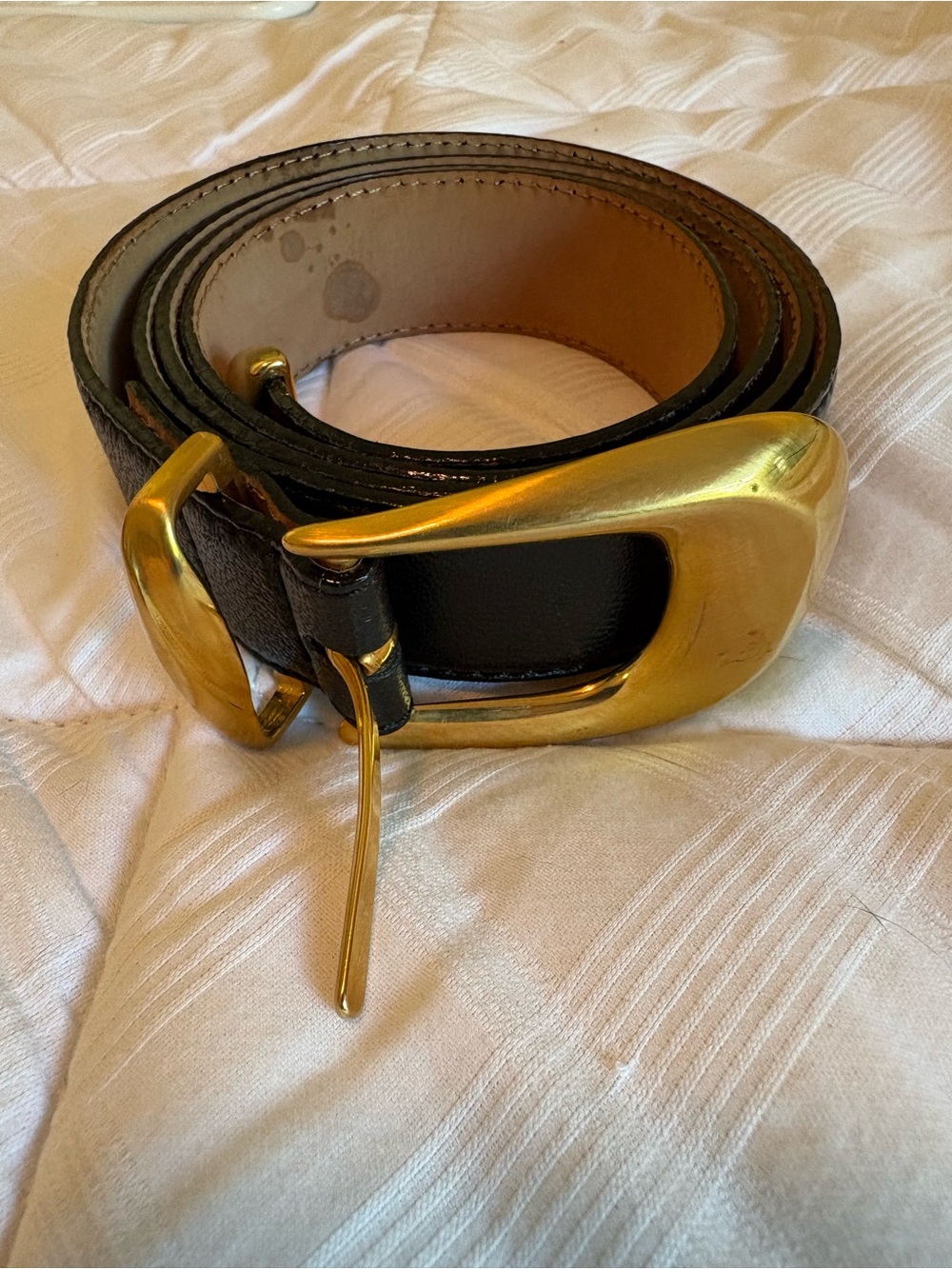 Donna Karan Black Leather Belt with Gold Buckle